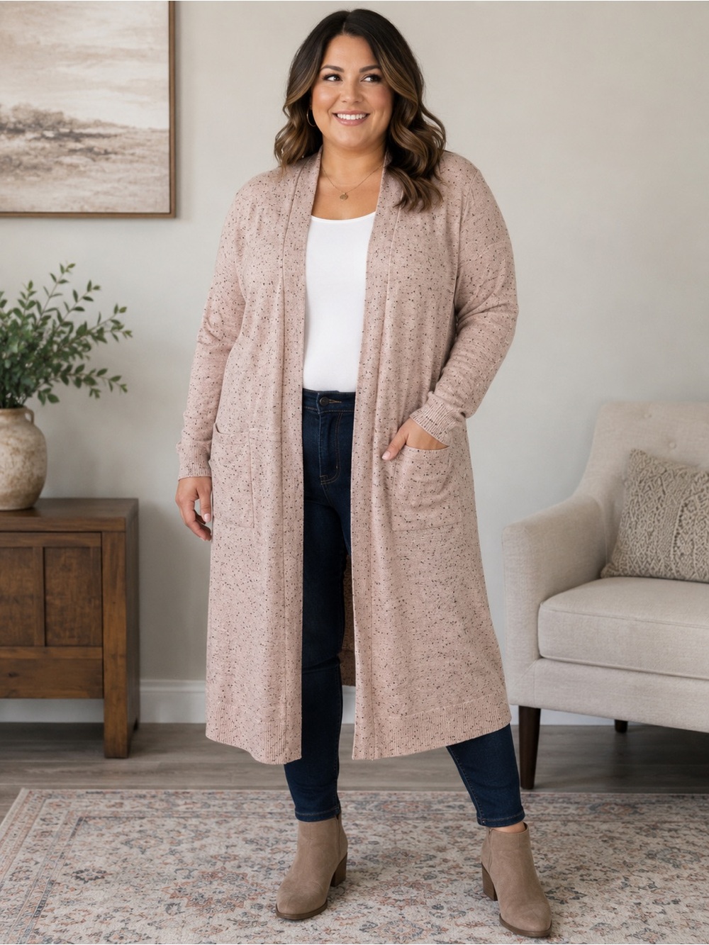 Verve Ami 2X Blush Speckled Long Duster Cardigan Open Front Pockets Cozy Lounge